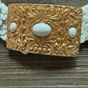 Vintage Big Belt Sz Lg Buckle Gold Ornate Belt with White Scales